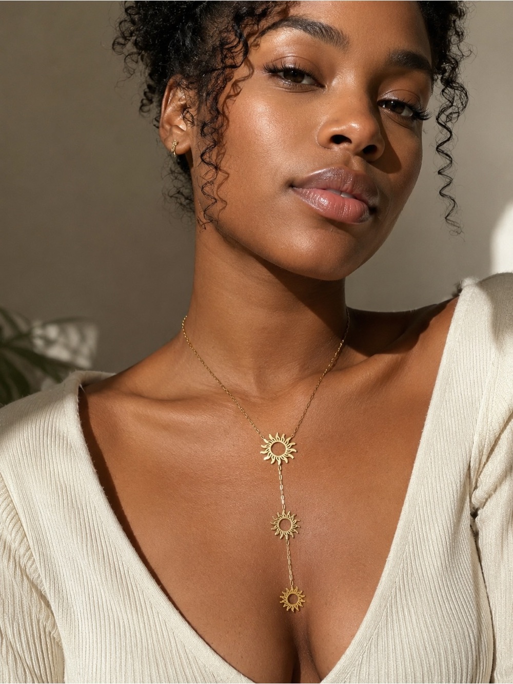 Gold Sun Lariat Necklace - Drop Sunburst  Necklace - Picture 3 of 3